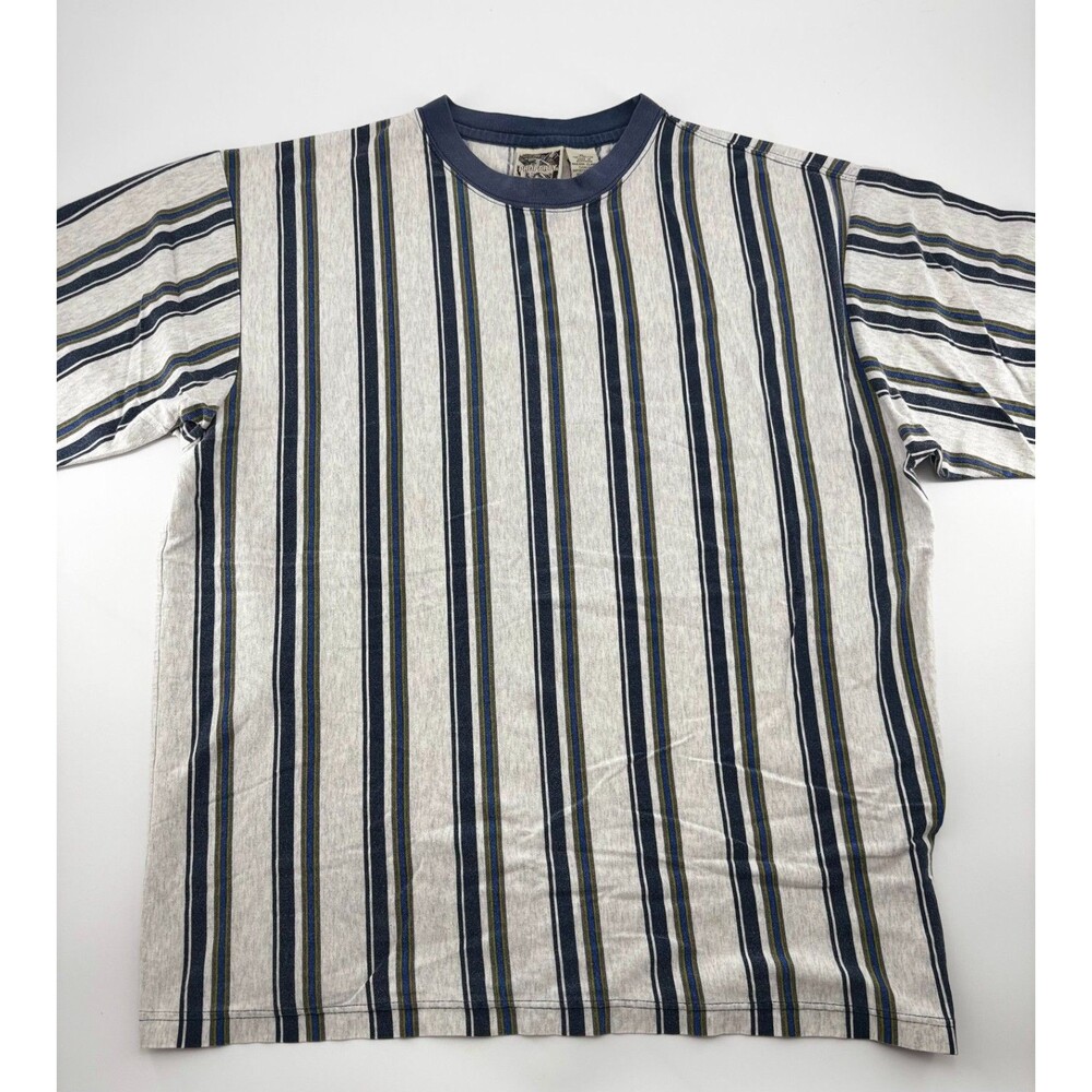 Vintage 90s Property Striped Knit T-Shirt Men's XL Blue Yellow Cotton USA Made